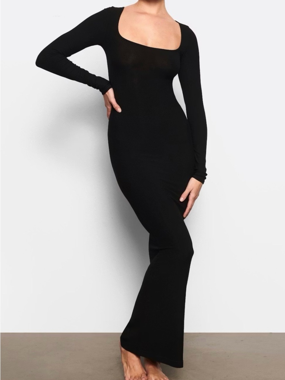 SKIMS Black Long-Sleeve Maxi Dress with Asymmetric Scoop